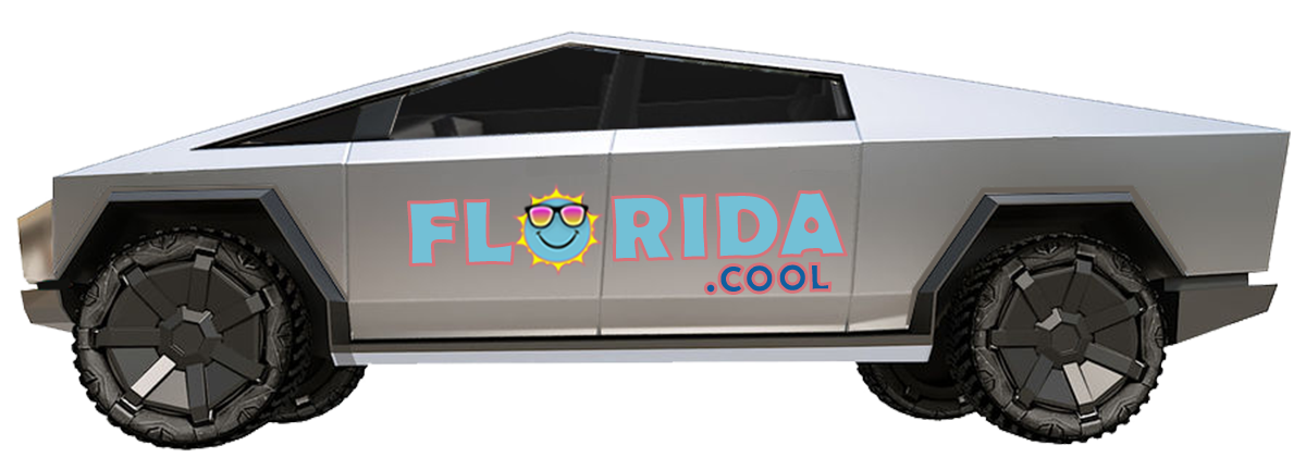 Tesla Cyber Truck with Florida dot Cool logo. Logo is letters Florida .Cool with Smiley Face Sun wearing sun glasses representing the "O" in Florida.